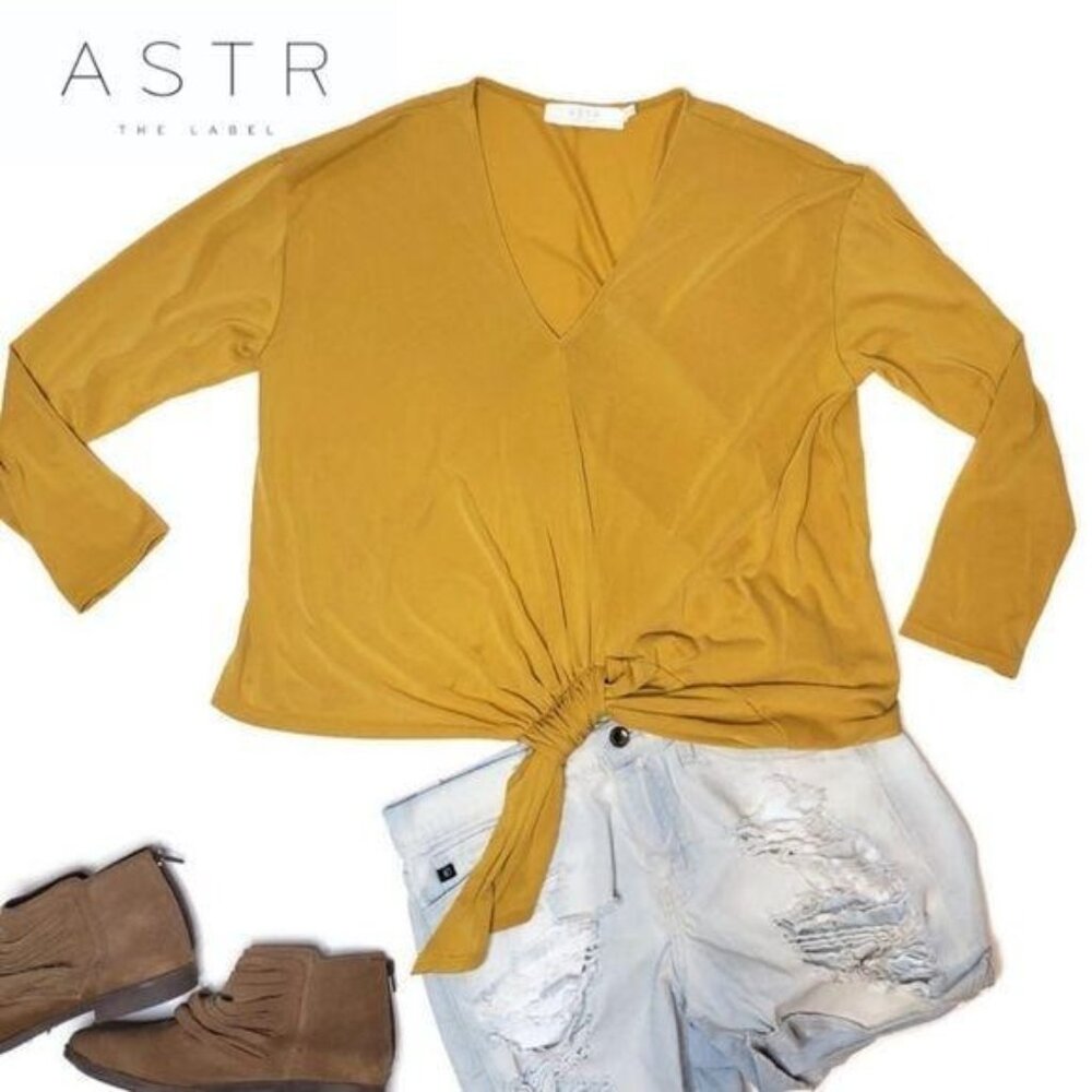 ASTR The Label Women's faux Wrap Front Tie Yellow Blouse v neck long sleeve m